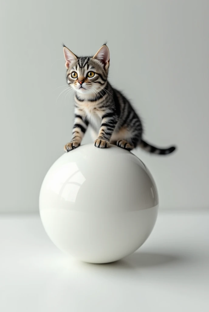 Miniature, realistic, grey striped cat standing on top of a white billiards ball