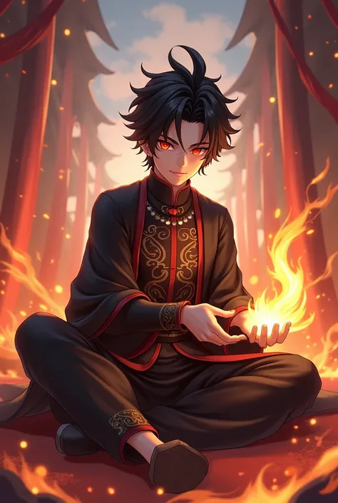 Genshin, elder boy, black hair, red eyes, sitting, black chinese clothes, smile, genshin, flame in hand, genshin impact,  Hochauflösung, 