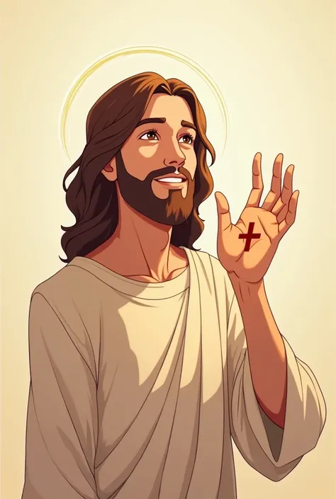 Create a 2d anime illustration of Jesus Christ smiling and waving with a raised hand and a cross mark on the palm. 