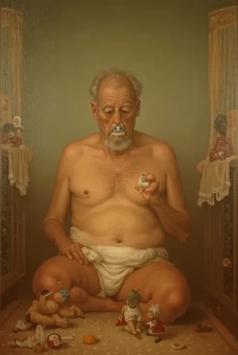 A middle-aged man sitting in the babys room, wearing a diaper and a pacifier, with a bottle in his hand. In the style of a Renaissance painting