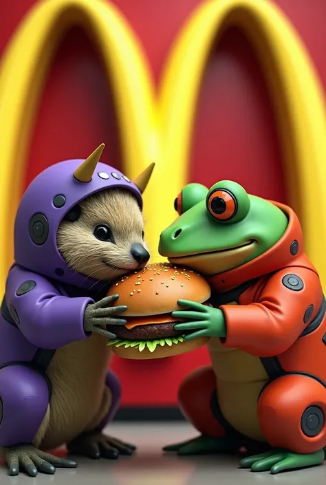 The marmot in the Evangelion Unit 1 costume and the frog in the Unit 2 costume eat a hamburger　McDonalds logo on the background 