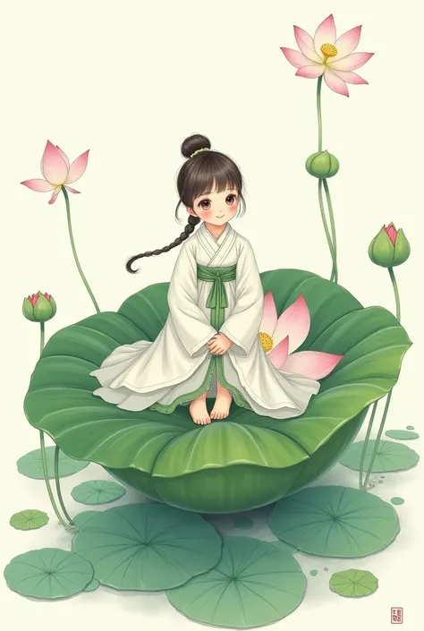  Pods filled with lotus flowers ,  A  sits happily on the lotus leaves of a gourd, Huge lotus leaf , barefoot,  dressed in white and green hanfu , light and shadow, A masterpiece，roof，（ white background：1.4），（（tachi-e）），original，（ illustration：1.1），（ best ...