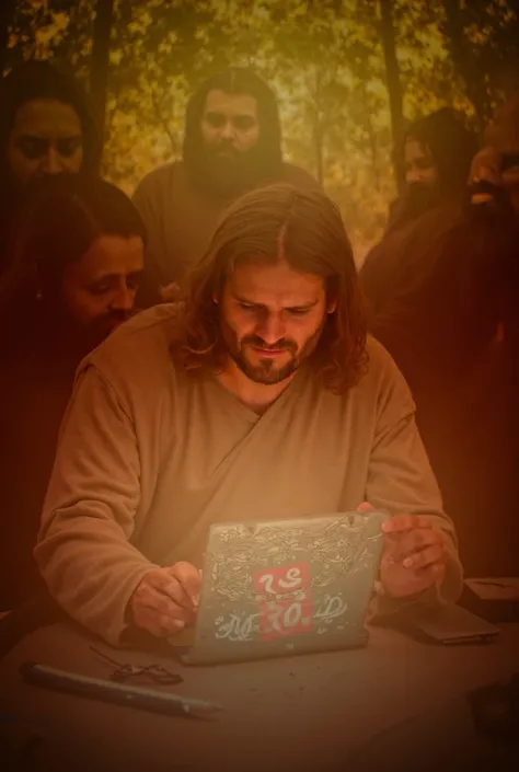 Jesus busy on a laptop designing logo with his disciples 