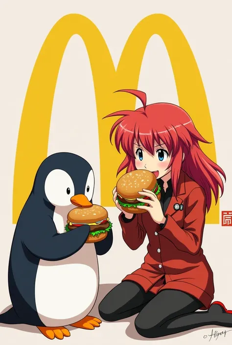 Evangelions Aska and Marmot eat hamburgers　McDonalds logo on the background 