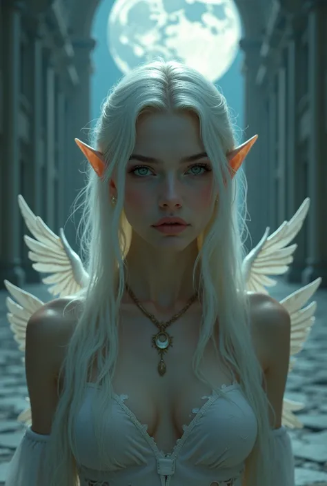  Picture of an elf woman  。 Palace and full moon in the background 、 elves hold harps。   Shes just a grain of sand for the Earth   。   She has platinum blonde hair   。  She has white wings on her back  、 a sad and loving smile   、 Pretty Big Breasts 、 a pr...