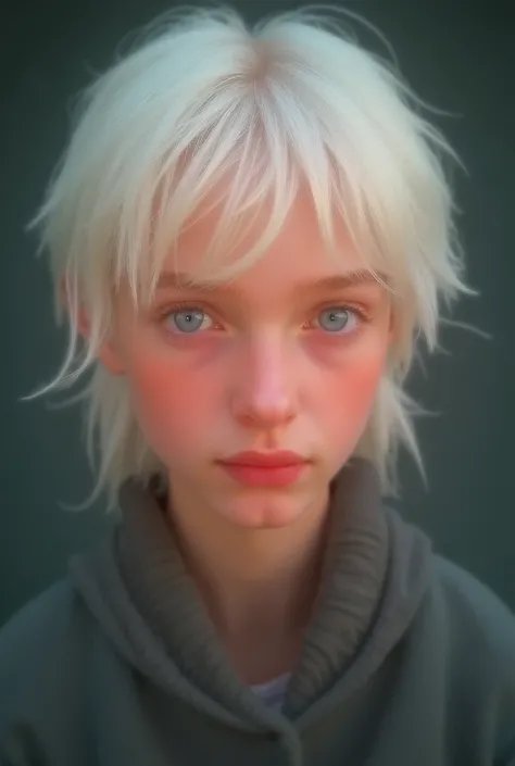 A young boy with a Norse look. Very feminine facial structure. Hes about 20 years old. He has white platinum blonde hair that reaches to the nape of his neck and cheeks. His eyebrows are thin and straight. His nose is small and feminine. He has sky blue ey...