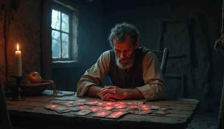 An exhausted looking peasant ,  dressed in simple country clothes ,  sitting in a dark and messy hut ,  with a weathered wooden table in front of him .  The dim light of a candle flickers ,  casting dark shadows on the wall .  On the table is a deck of old...