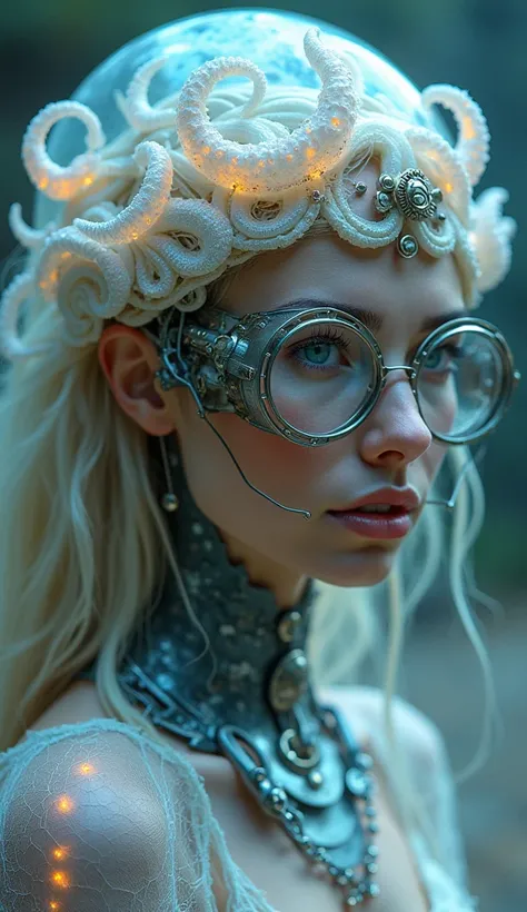 Ethereal Cyborg Woman, bioluminescent jellyfish tiara.  Steampunk glasses fuse with translucent tentacles . Cracked porcelain skin meets iridescent scales. Mechanical implants and delicate tendrils intertwine. Human characteristics with an otherworldly glo...