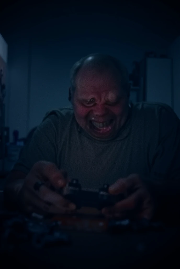 A fat guy playing the computer too angry because he lost a game of Fortnite 