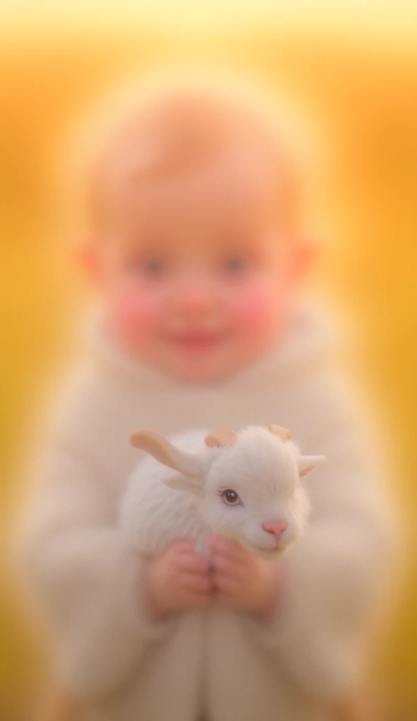 A human baby with fair hair and bright eyes, displaying an expression of joy and delight, while holding a young baby goat in both hands. The baby goat is white, with small curved horns and slightly sideways ears, looking directly at the camera with a lovel...