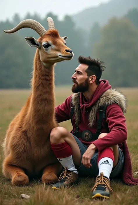 araffe sitting on the ground next to a goat and a man, messi as a viking, peter the goat, lionel messi, messi, the best ever, he has goat man legs, 🦩🪐🐞👩🏻🦳, author unknown, goat, lionel messi as a muppet, exclusive, an amazing photo, promo shot