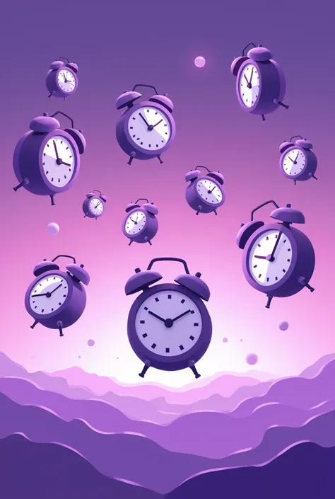 square picture. purple background. Countdown hours in the air. Multiple alarm clocks.  Plain background or gradient