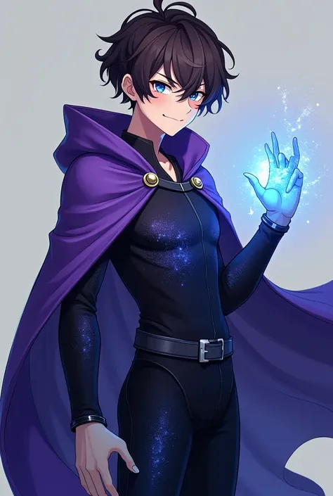 ,
male
57, skinny, slim and lanky build
has short brunette undercut curly-wavy hair,

Purple hooded shoulder button cape, black sparkly sequin cosmic pattern outfit,

Blue magic power hands.

Anime style