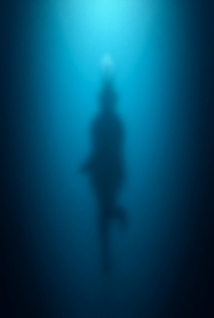 Make a cover where a woman is diving / falling on her back in dark and mysterious blue water 