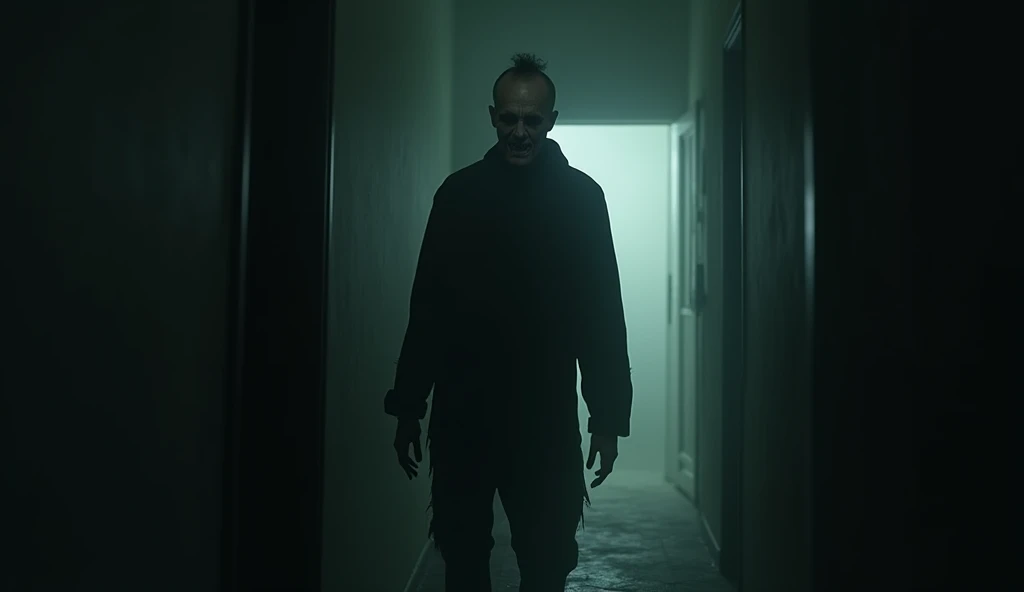  A creepy-looking man standing at the end of a dark corridor, with only a faint light illuminating his face . In the background,  the door of the room is half open 