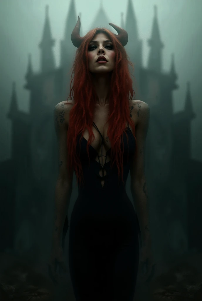 Redhead sexy demon horns tail jumpsuit  tattooed castle 