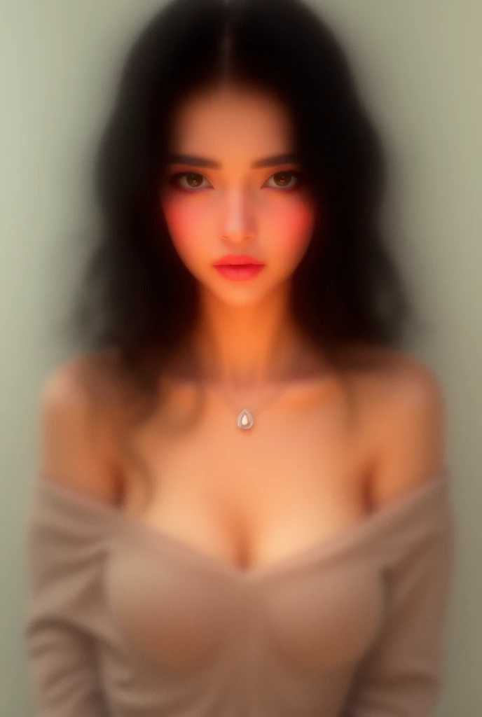 1girl in, edad19, only, long hair, fake enhanced d cup tits, looking at the viewer, dark hair, bare shoulders, brown eyes, jewely, whole body, a necklace, off the shoulders, Sweaters, realist, a sexy