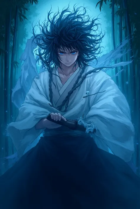 "A stoic and enigmatic samurai named Akatsuki Setsuna, with black hair with white streaks, piercing gray eyes, wearing a black hakama and a white haori with gray details, wielding Hikari to Yami no Kiba, a katana with a single blade divided into two colors...