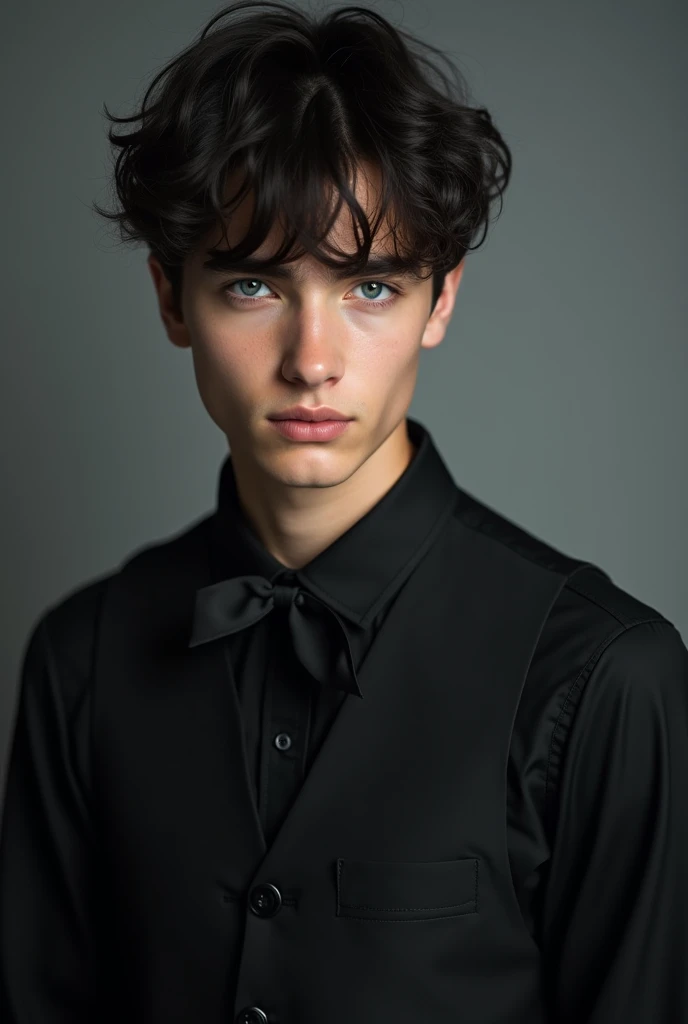 Realistic professional studio image of a 19-year-old boy with delicate features and dark hair covering his forehead in bangs style, leaving his eyebrows a little bare . He wears a black long-sleeved shirt and a black dress vest with a black ribbon on the t...