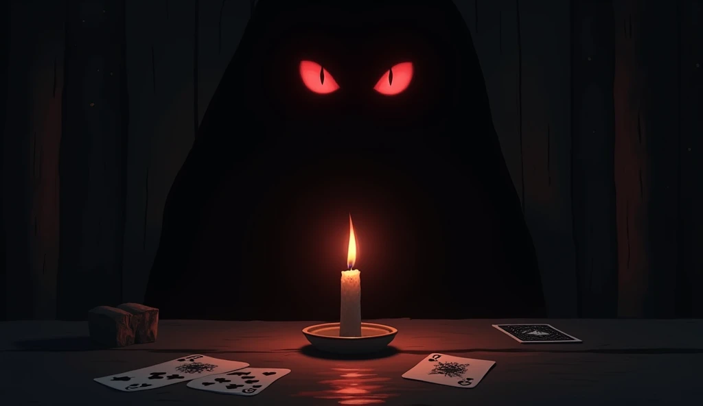  The image of a candle that mysteriously goes out , leaving the hut in complete darkness ,  with two red eyes shining in the gloom and the reflection of the cards on the table