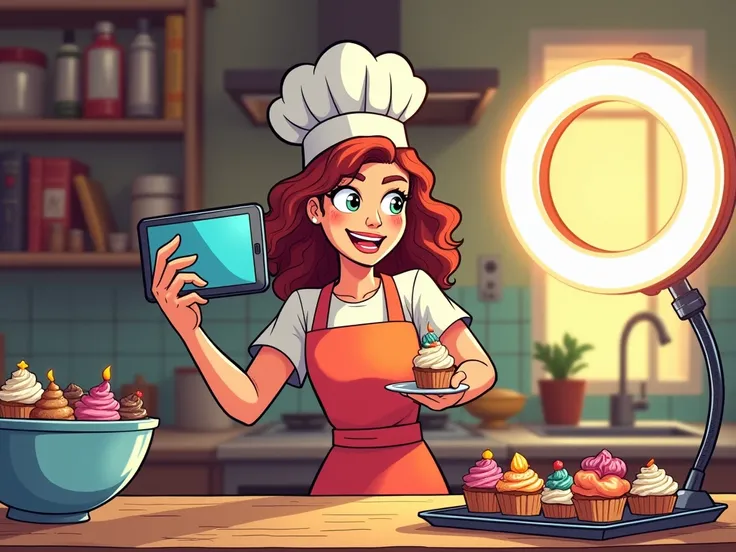 comic book art A cheerful bakery owner filming a tutorial on decorating cupcakes, using a smartphone and ring light in a cozy, well-lit kitchen.round