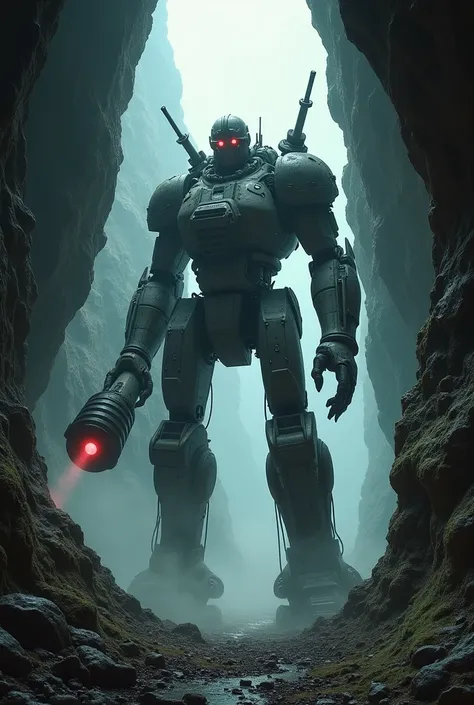 Your eyes, adjusting to the sudden light, struggle to process the monstrous form looming just outside the fissure. A towering figure, clad in a suit of heavy, metallic armor, stands on two massive, hydraulic legs. Its body is a hulking mass of machinery, b...