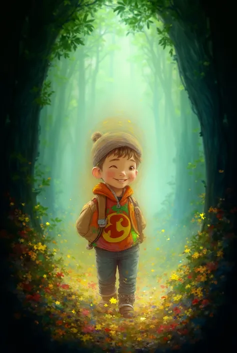 Create five Disney-style images of a boy named Lenin wearing a colorful sweatshirt walking on a magical forest