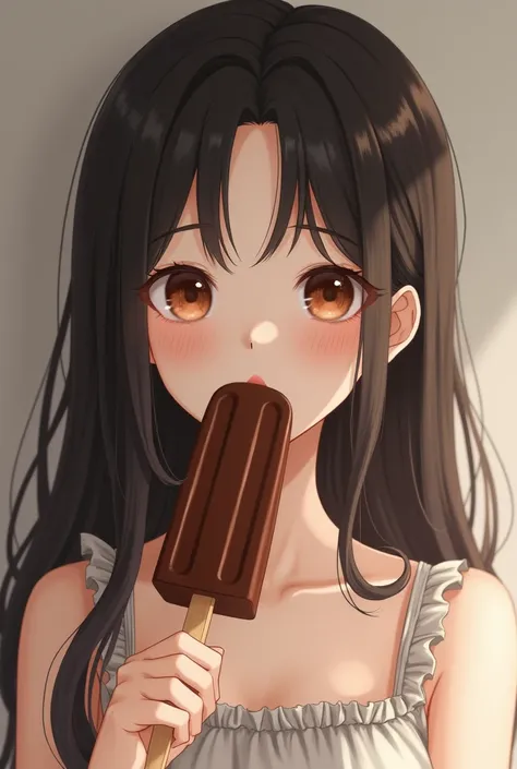 Japanese daughter , beautiful, perfect, lick a popsicle chocolate huge, dress, cute, close up, 