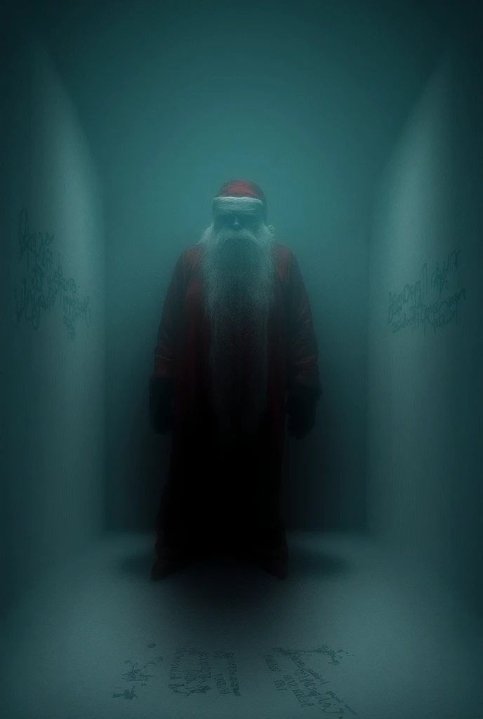 Santa Claus in the dark inside white room in writing on the wall