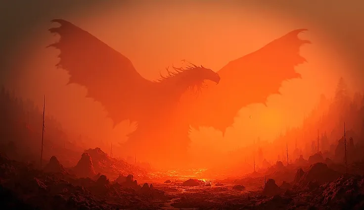 The Giant Dragon emerged from the cave,  rising to the sky and setting fire on the valley . His flames ,  fueled by anger and sadness ,  swept through the entire village , , turning the once prosperous village to ashes.