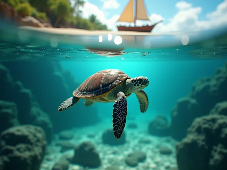 POV angle water, MAGICAL cute STORYBOOK fantastic impressionante tropical bay , shabby STYLE lovely sailing ship on the beach, view on the tropical bay , summer, semi underwater view, a beautiful turtle watching from inside the sea.  Modifiers: highly deta...