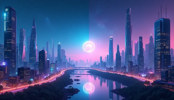 Design a panoramic 16:9 banner showcasing a futuristic metropolis skyline infused with advanced technology, AI elements, and subtle nods to space exploration. Draw inspiration from Jules Verne’s utopian visions to evoke optimism and wonder. Place a bold, m...