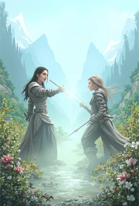 female warriors dueling in a beautiful landscape with a river