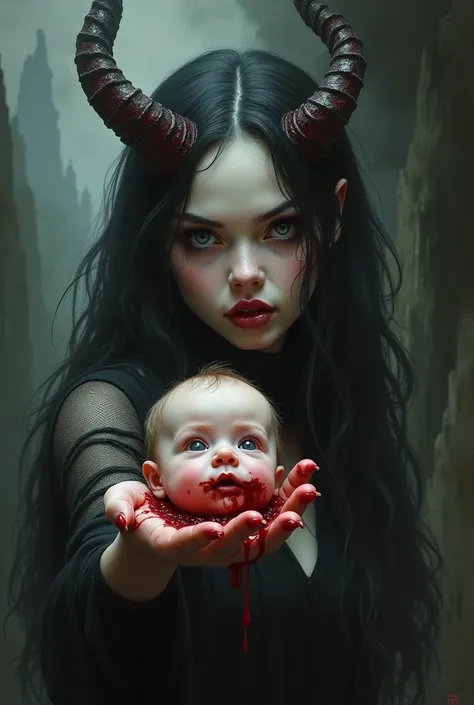 I want a young, feminine looking demon holding a babys head 