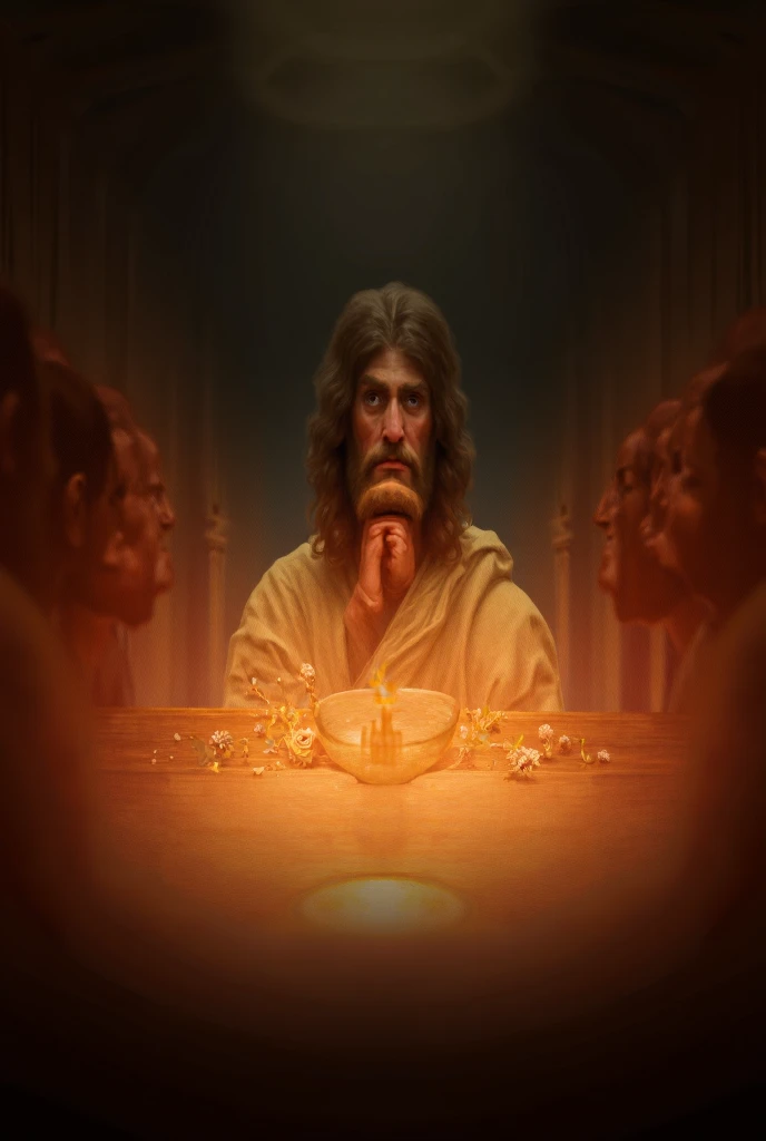 Draw Jesus Christ ,  realistic , 8K,  with his dinner with 12 disciples