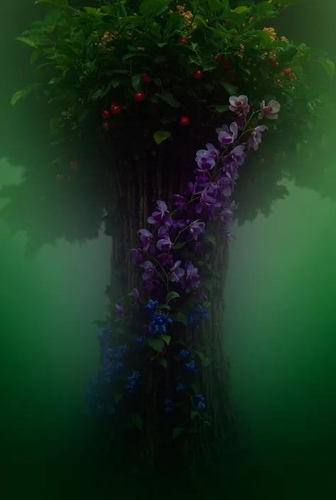 A large, strong coffee tree with fruit .  A dendobium orchid blooming with a light purple flower hanging on its trunk 