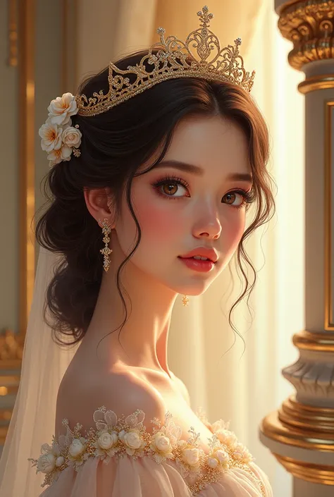 Illustration of a beautiful girl with a beautiful baby face who has a crown placed inside 、 palace。