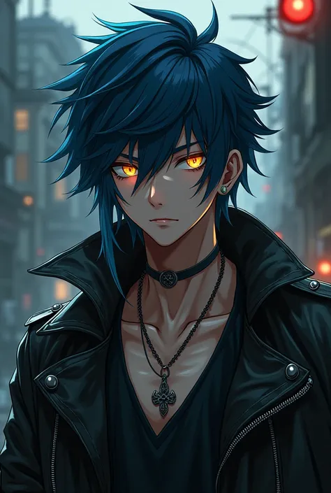  Anime boy with extra long bluish black hair with golden eyes cold face, punk rock clothes with athletic figure 