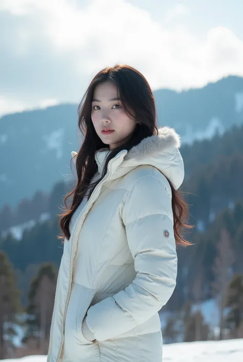 A realistic portrait of a beautiful Korean girl with dark long hair, open forehead, big breasts, light pink smooth skin, standing confidently on the top of the mountain. She is wearing a white down jacket, open chest, not wearing underwear, winter pants, h...