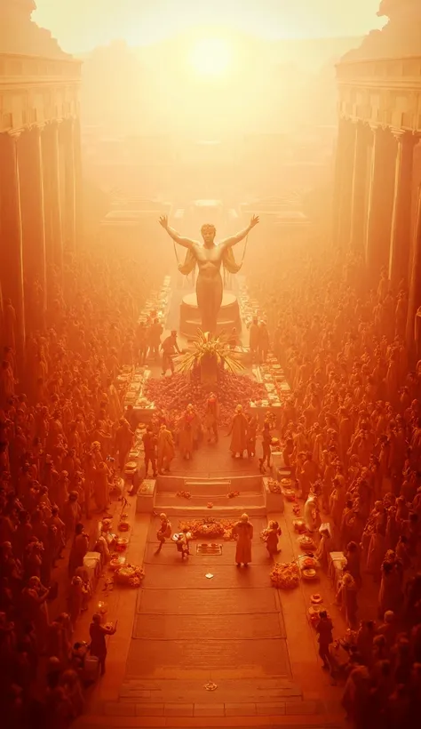 ""A film-style illustration of an ancient Greek city celebrating its victorious athlete. The scene shows a large public ceremony honoring a triumphant athlete. Around him are citizens offering gifts such as coins, scrolls symbolizing concessions of lands a...