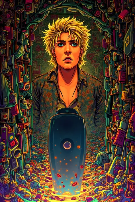 Beautiful blue-eyed blond young man entering his cluttered room, Scared. Pop art