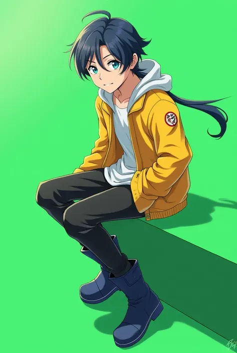 profile picture, cool smile, center parting hair, japanese anime mushoku tensei style, teen boy, bright scene, black low long ponytail hair, bright cyan eyes, pure golden jacket with pure golden hoodie, pure silver shirt, black Trousers, dark blue boots, f...