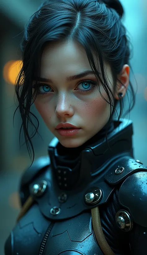 A highly detailed, cyberpunk android girl with beautiful azure blue eyes, exquisitely crafted armor, and futuristic weaponry, 4k, 8k, hyper-detailed, photorealistic, intricate details, cinematic lighting, dramatic composition, muted color palette, dark and...