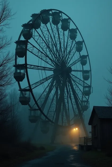 A desolate amusement park at night ,  with a huge rusty Ferris wheel highlighted .  A faint spectral light shines from one of the cabins ,  as mysterious shadows move through the fog that covers the place.