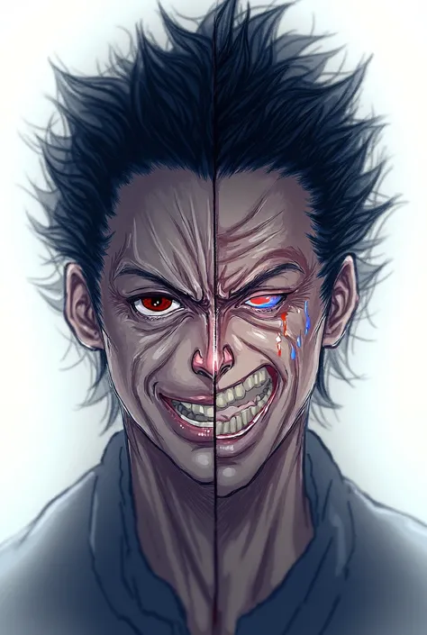 Make a man with big spiky hair, tied in a ponytail,  with half of his face taken over by his evil side, who is smiling, And the other half of your face ,  crying.  anime style 