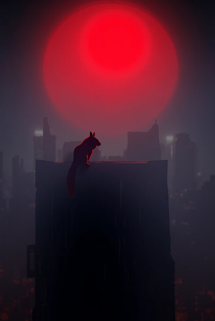 Écureuil assassins creed au bord dun immeuble dans une ville futuriste regardant la lune rousse 