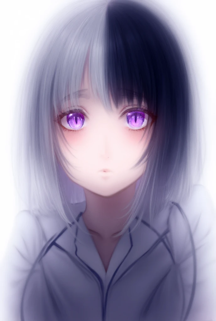 An anime girl with two-tone hair, half black and half white, long purple eyes and outlined with a uniform look that kills 