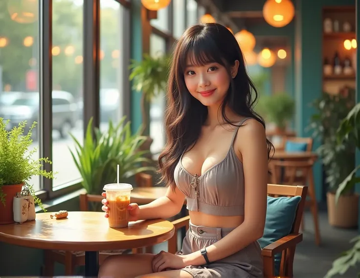 A beautiful 19-year-old Japanese girl with a curvy figure, including a full bust and rounded hips, sitting at an outdoor café table. She is dressed in a stylish crop top paired with a short skirt that showcases her feminine and confident vibe. She holds an...