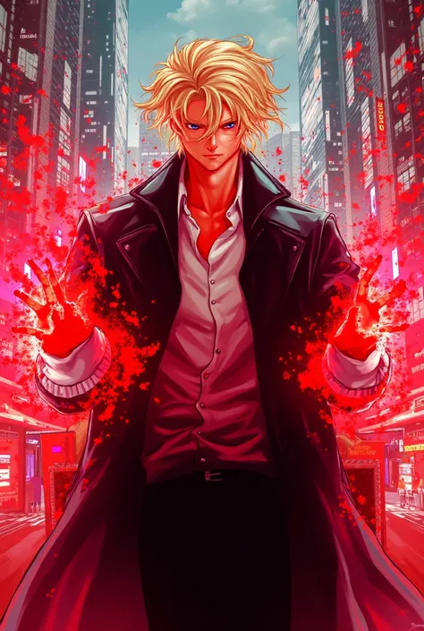 Handsome blond young man wearing a black trench coat over his white shirt with black pants with scarlet magic on his hands en la ciudad  . Pop art