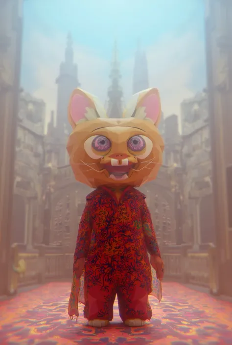 low poly playstation 2 game style gumball watterson infront of a cathedral wearing opium style clothes